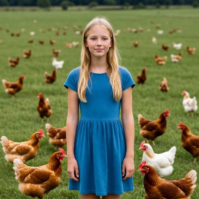 Girl standing with chickens in field