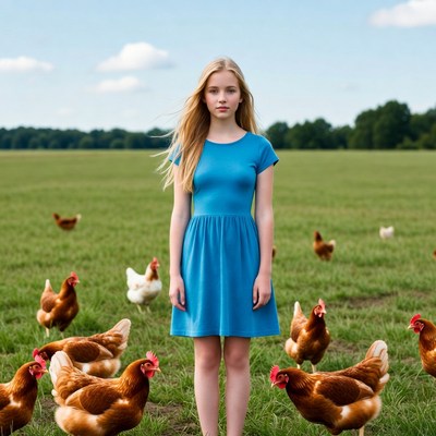 Blonde girl surrounded by chickens
