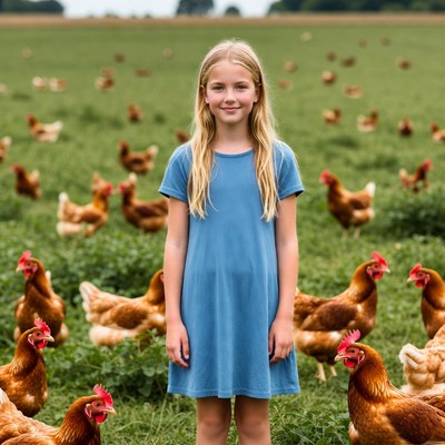 Blonde girl standing among chickens