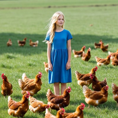 Blonde girl with chickens in field