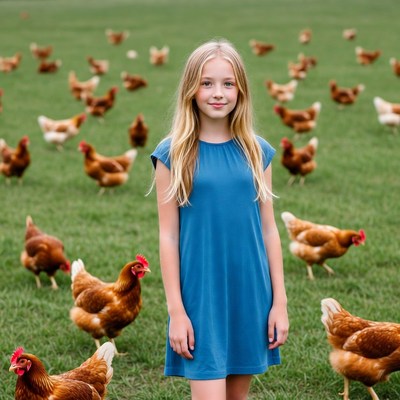 Blonde girl surrounded by chickens