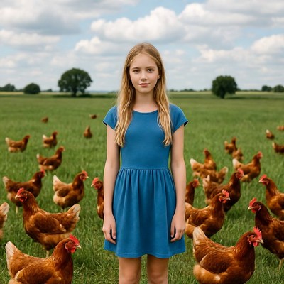 Girl standing with chickens in field