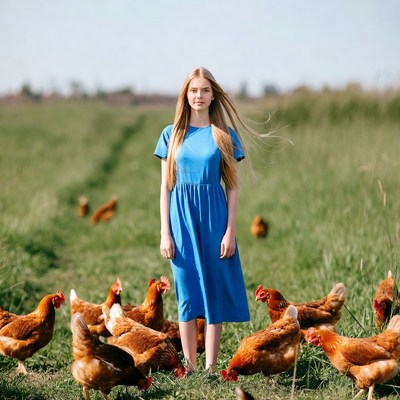 Blonde woman with chickens in field
