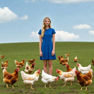 Blonde woman surrounded by chickens
