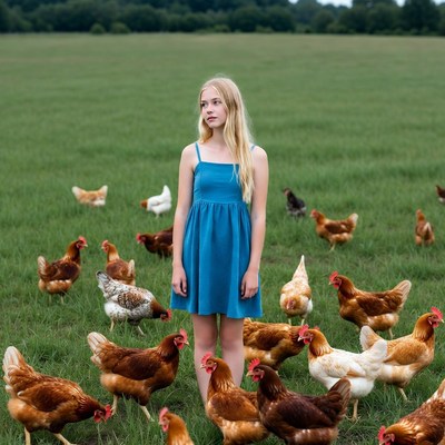 Blonde girl surrounded by chickens