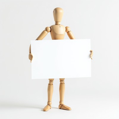 Wooden doll holding blank sign