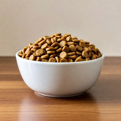 Heap of dry dog kibble in white bowl