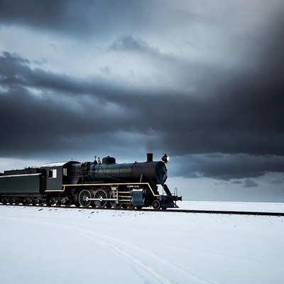 Steam locomotive on snowy tracks