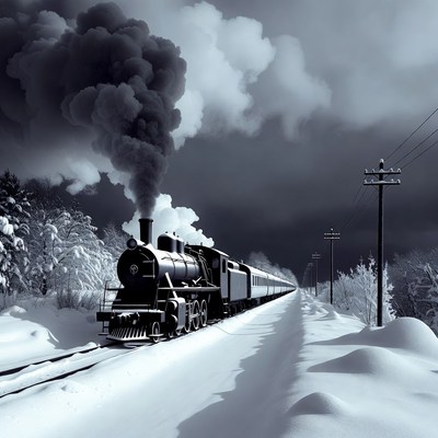Steam Train Snowy Tracks Night
