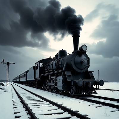 Steam Train Snowy Tracks Stormy Sky