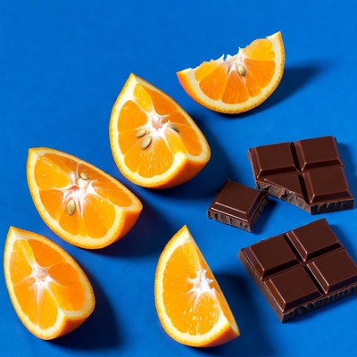 Sliced Oranges and Chocolate on Blue