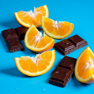 Oranges and Chocolate on Blue Background
