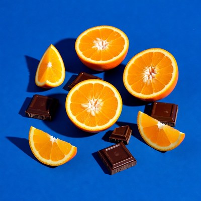 Oranges and Chocolate on Blue Background