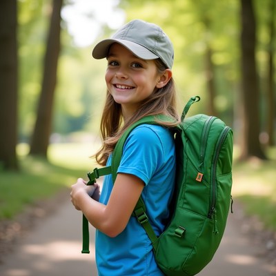 Smiling girl with backpack in forest