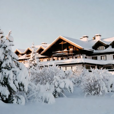 Snowy Alpine Chalets with Pine Trees