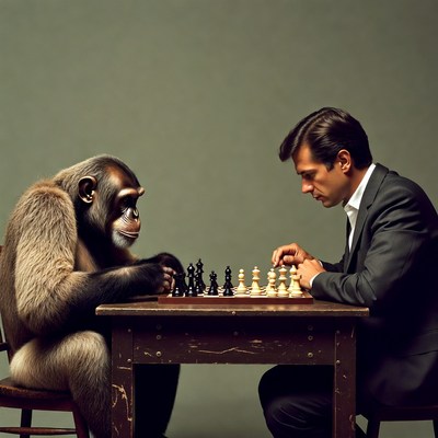 Chimpanzee playing chess with man