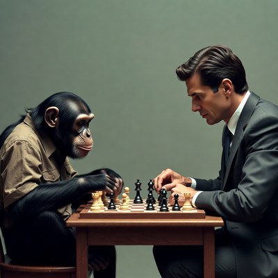 Man playing chess with chimpanzee