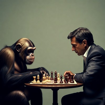 Man playing chess with chimpanzee