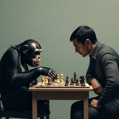 Man playing chess with chimpanzee