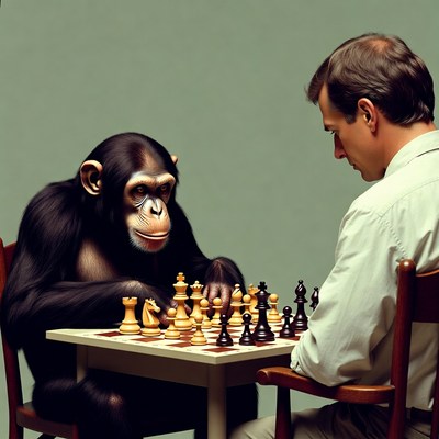 Chimpanzee playing chess with man