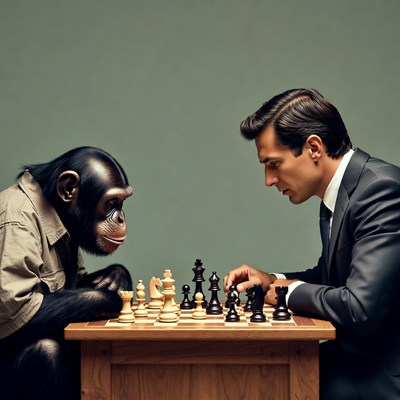 Man playing chess with chimpanzee