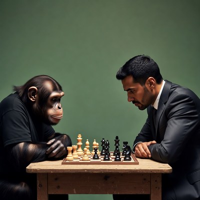 Man playing chess with chimpanzee