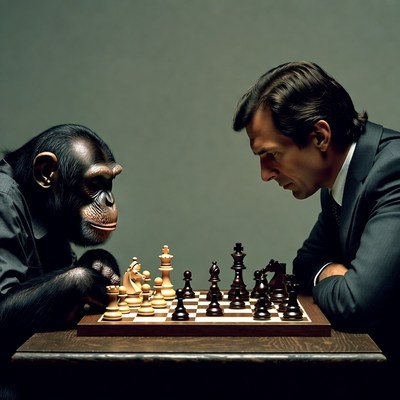 Man playing chess with chimpanzee
