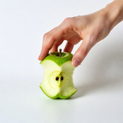 Woman's hand holding bitten green apple