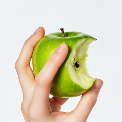 Woman's hand holding bitten green apple