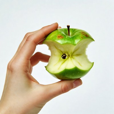 Hand holding bitten green apple