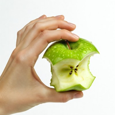 Woman holding bitten green apple