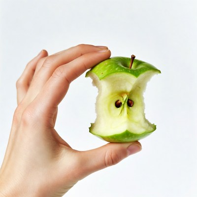 Hand holding bitten green apple