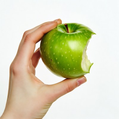 Woman holding bitten green apple
