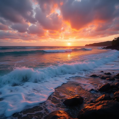 Vibrant Sunset Over Rocky Beach Waves