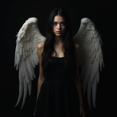 Woman with large white angel wings