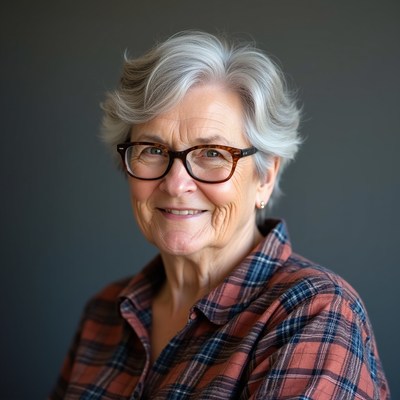 Elderly woman with glasses smiling