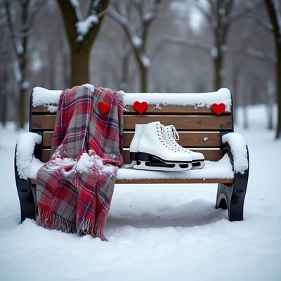 Ice Skates and Plaid Blanket on Snowy Bench