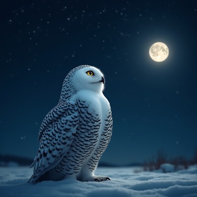 Snowy Owl on Snow Under Moon