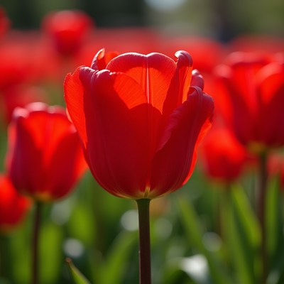 Red Tulip Blooming in Field