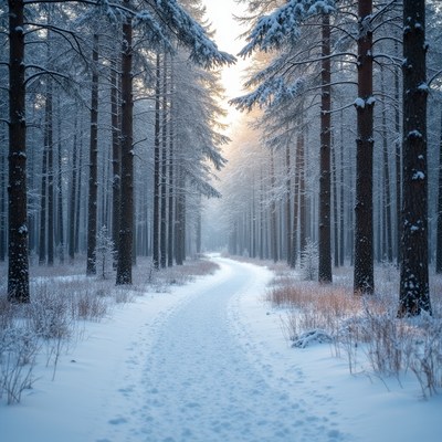 Snowy Path Through Sunlit Pine Forest