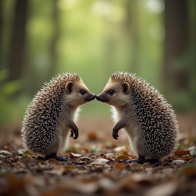 Two hedgehogs nuzzling in forest