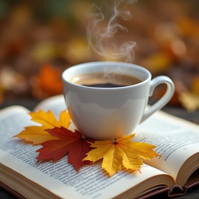 Hot Coffee Cup on Open Book with Autumn Leaves