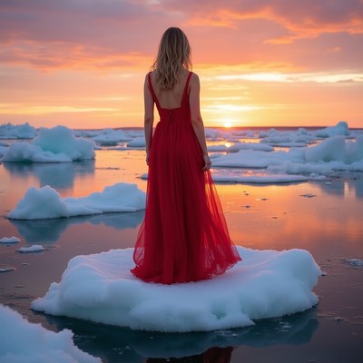 Woman in red dress on ice floe at sunset