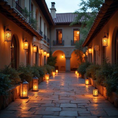 Lit Courtyard Walkway at Dusk