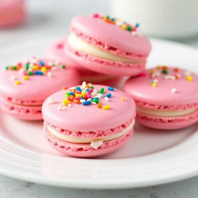 Pink macarons with sprinkles on plate