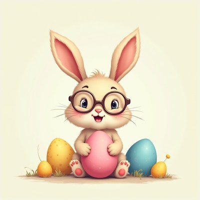 Cute Bunny with Glasses Holding Easter Eggs