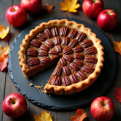 Pecan Pie with Apples and Fall Leaves