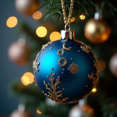 Blue gold Christmas ornament on tree