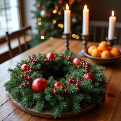 Christmas wreath with oranges on table