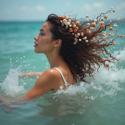 Asian woman with seashells in hair swimming